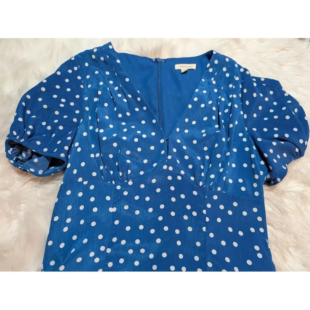 Gilli Women's Midi Polka Dot Puff Sleeve Blue/White‎ Dress Size M